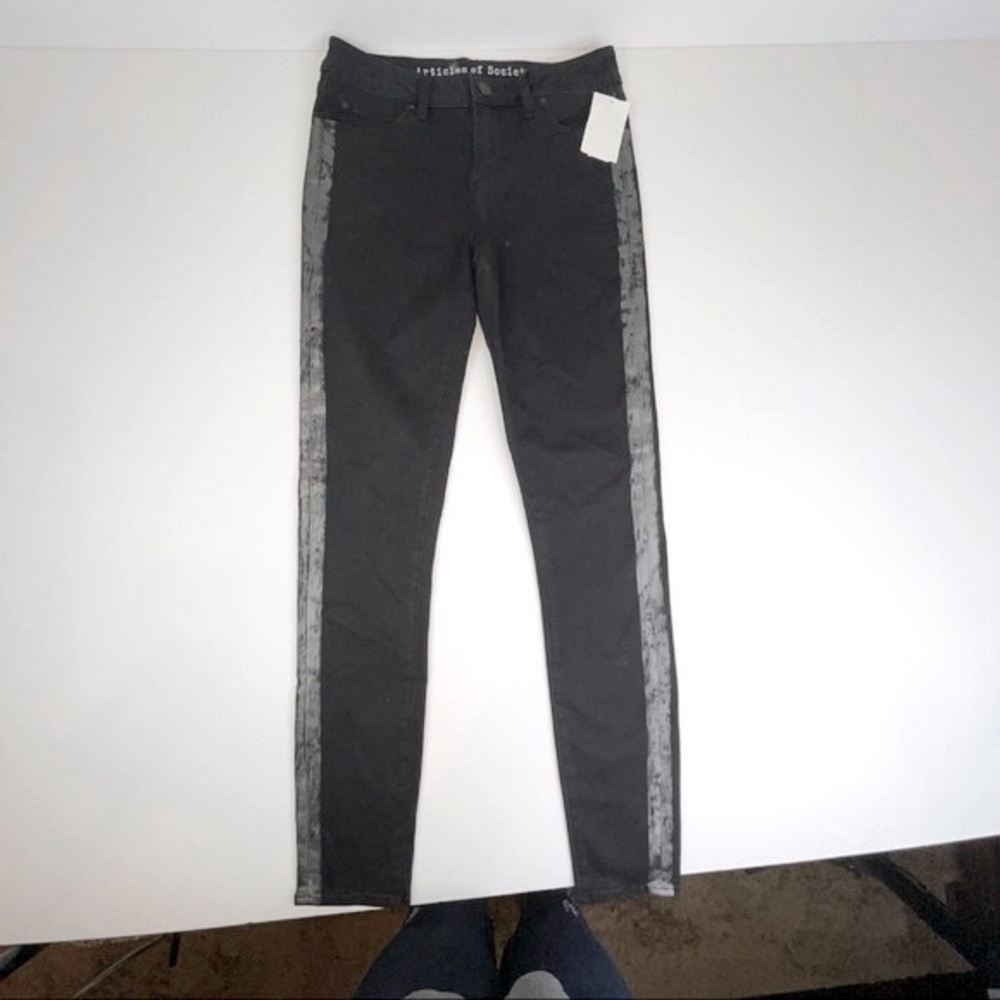 NEW Articles of Society Sarah Skinny Bailey Jeans Black Silver Tuxedo Stripe - Picture 3 of 17